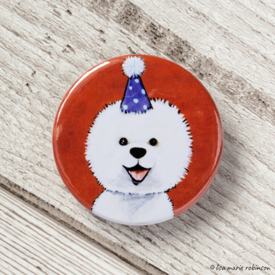 Fluffy Bichon Frise Party Dog Button Badge - 38mm