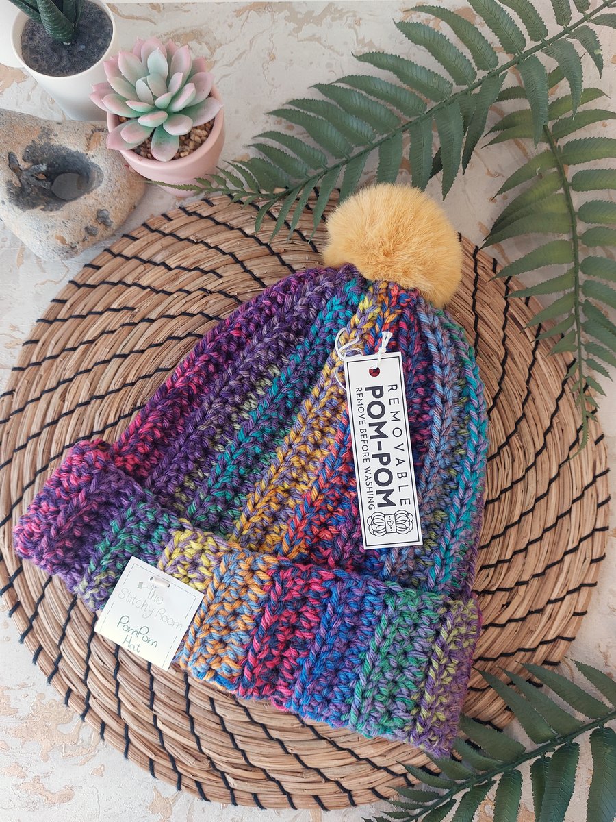 Crochet Hat Beanie Faux Fur Pompom Chunky Rainbow Yarn