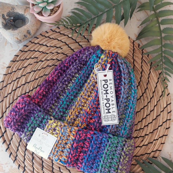 Crochet Hat Beanie Faux Fur Pompom Chunky Rainbow Yarn