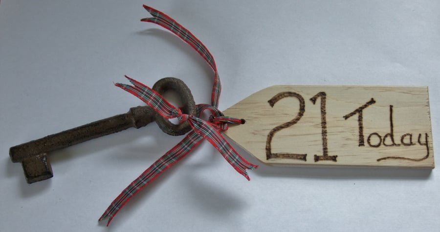 21st birthday key of the door celebration of coming of age & wooden tag.
