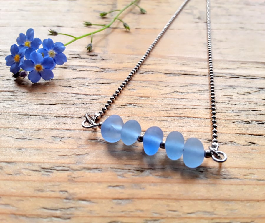 Horizontal Stacked Seaglass Pendant: Forget-me-not Blue