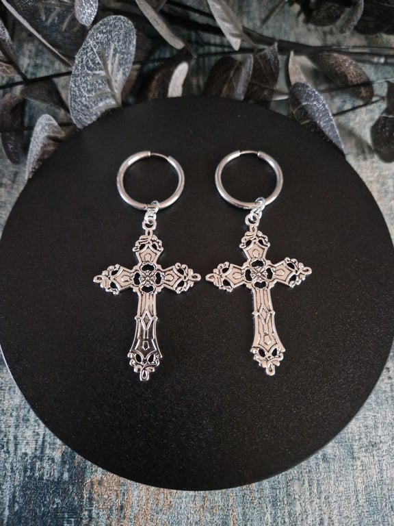 Gothic Cross Hoop Earrings Stainless Steel Hoops