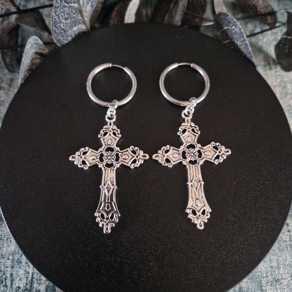 Gothic Cross Hoop Earrings Stainless Steel Hoops