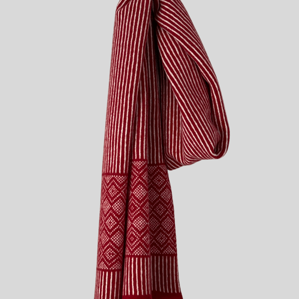 Soft merino lambswool Scandi scarf in berry red and natural white