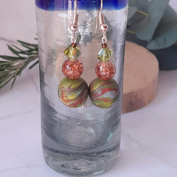 Handmade Metallic Green, Bronze and Silver Polymer Clay Dangly Earrings