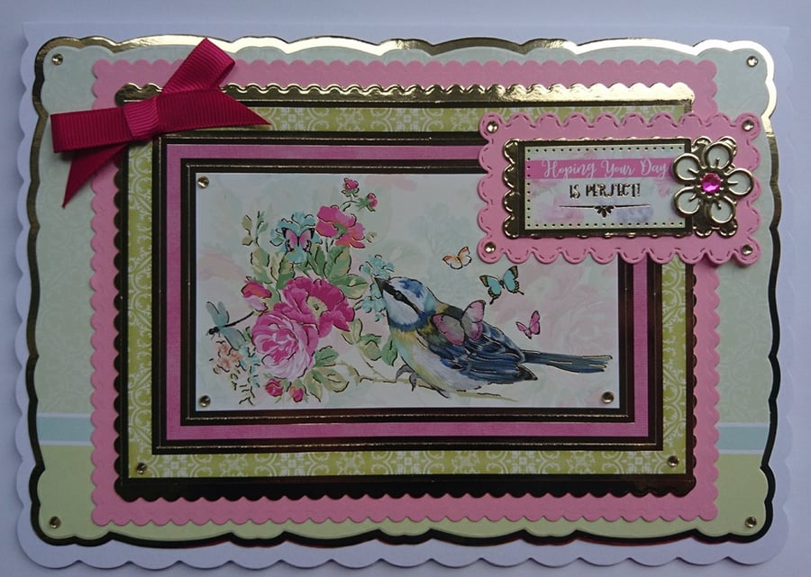 Birthday Card Hoping Your Day Is Perfect Blue Tit Flowers 3D Luxury Handmade