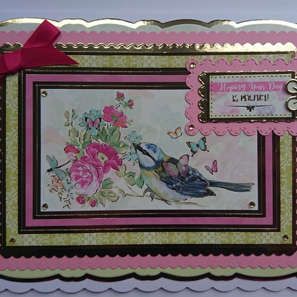 Birthday Card Hoping Your Day Is Perfect Blue Tit Flowers 3D Luxury Handmade