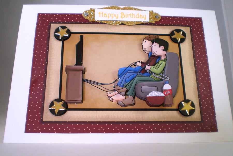  Boys Playing  Computer Games Birthday Card,Personalise