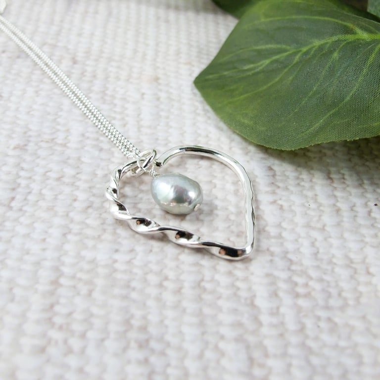 Heart Necklace in Sterling Silver with Grey Pearl