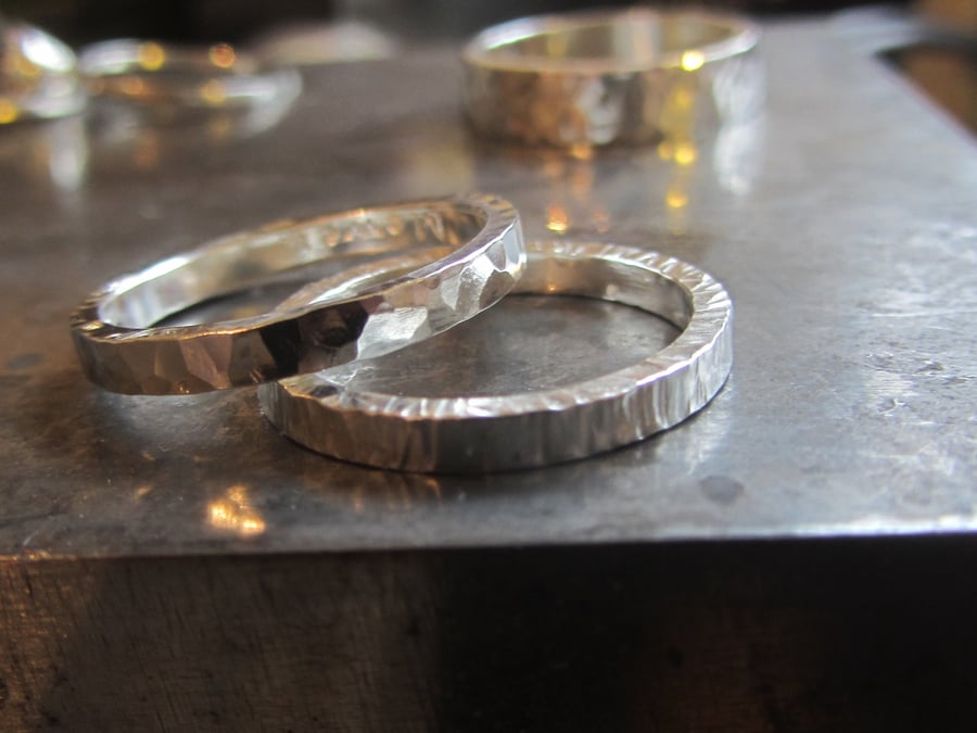 18K white gold wedding bands - textured gold rings, rustic wedding, boho style, 