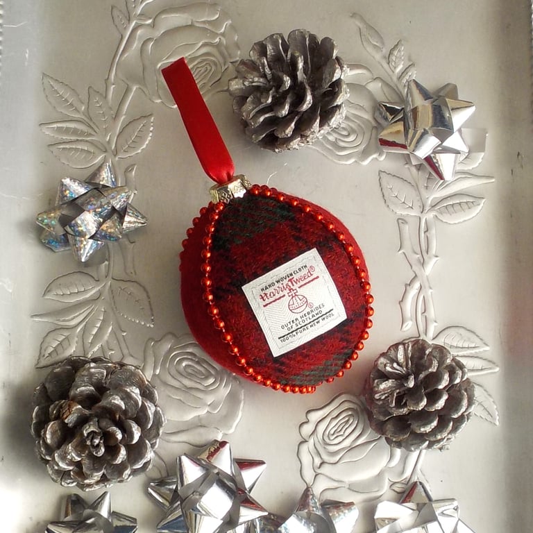 Harris tweed bauble Christmas tree decoration red and tartan ornament