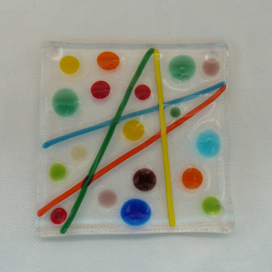 colourful line and dot design fused glass coaster
