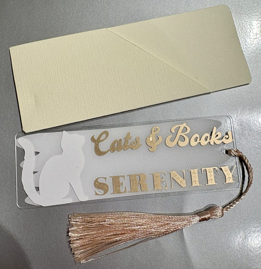 Cats & Books "Serenity" Acrylic Bookmark – Gold Vinyl and Cat Silhouette 