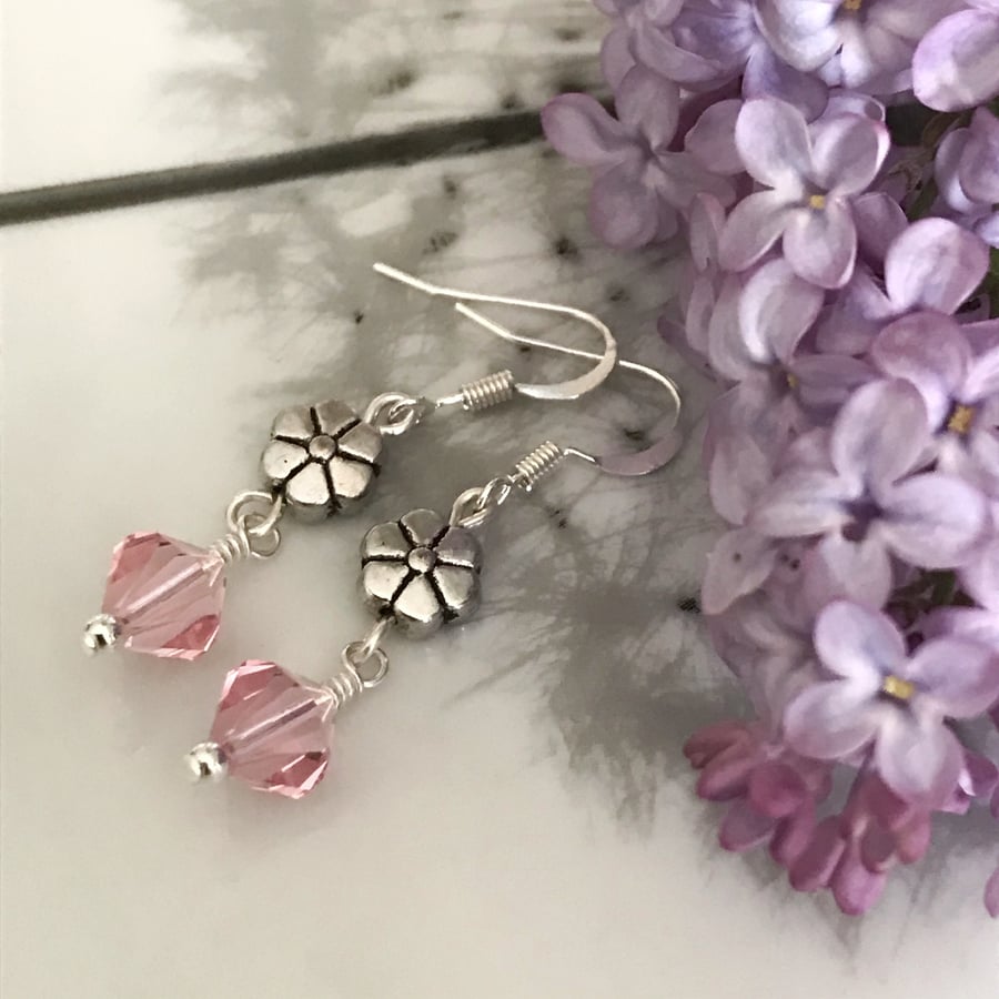 Pink Swarovski crystal earrings with silver flower