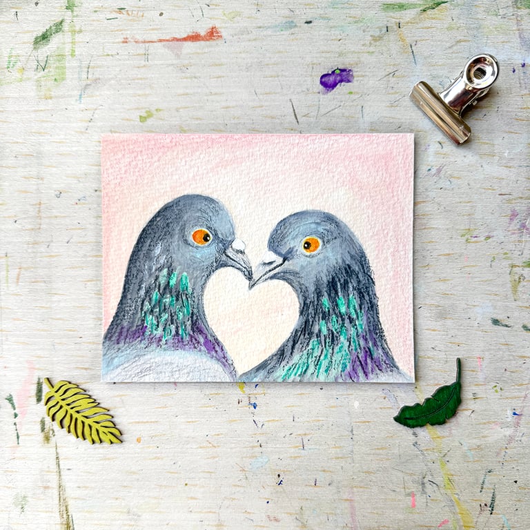 Pigeon Love Couple original Painting - Mixed Media - One of a kind