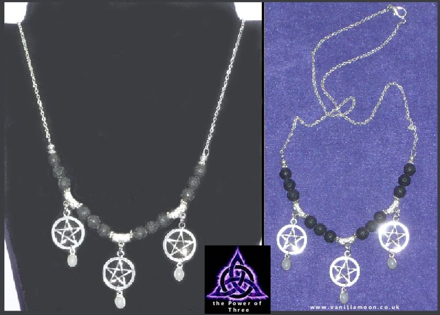Power of Three Pentagram lava Stone Aromatherapy Necklace 