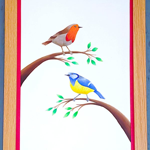 Modern Made in UK Framed A3 Print Colourful Bluetit Robin Red Border Wallart