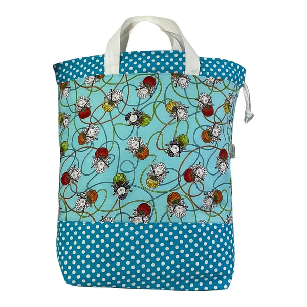 Extra Large drawstring knitting bag with sheep print, multi pockets project bag 