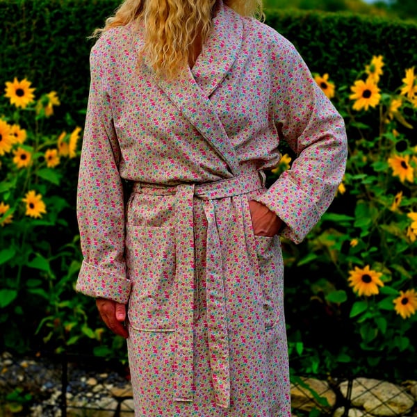 Handmade Liberty of London Lantana Dressing Gown – Cosy Winter Robe, Pink Floral