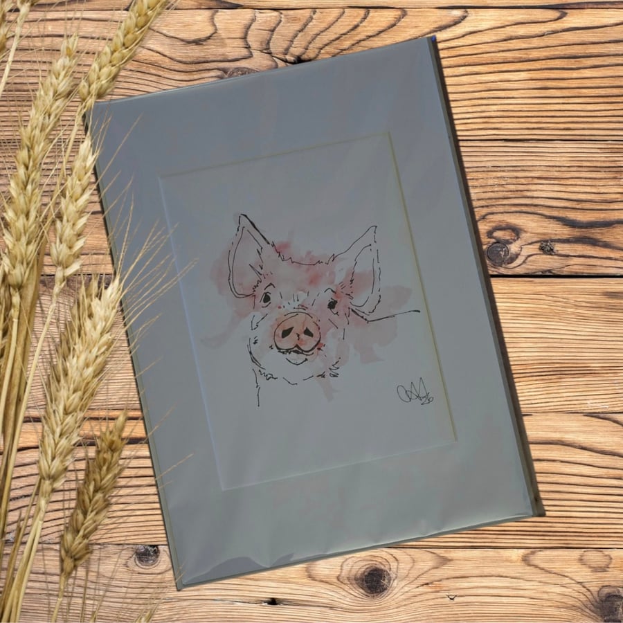 Farm animal Wall Art  Ink & Watercolour Animal Illustrations, pig