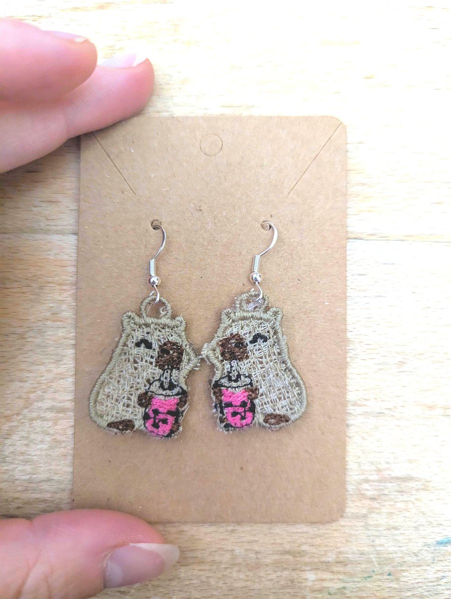 Embroidered Capybara Bubble Tea Earrings: Sterling Silver Hooks