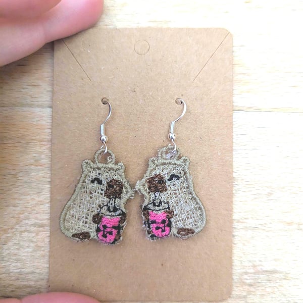 Embroidered Capybara Bubble Tea Earrings: Sterling Silver Hooks