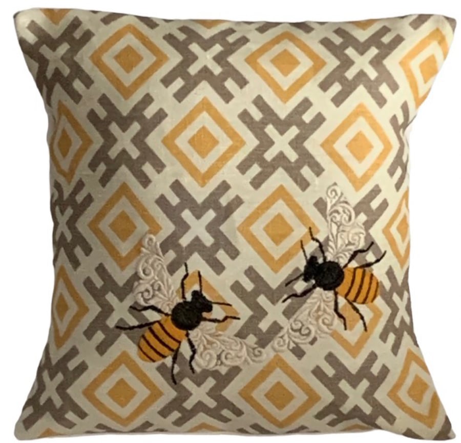Silver & Gold Bee Embroidered Cushion Cover 12”x12” Last One