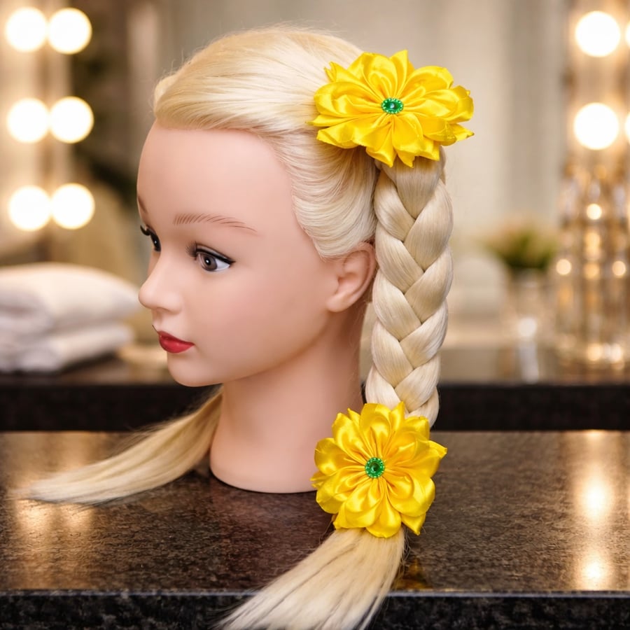 Pair of Bright Yellow Satin Ribbon Flower Hair Ties – Handmade "Sunflower"