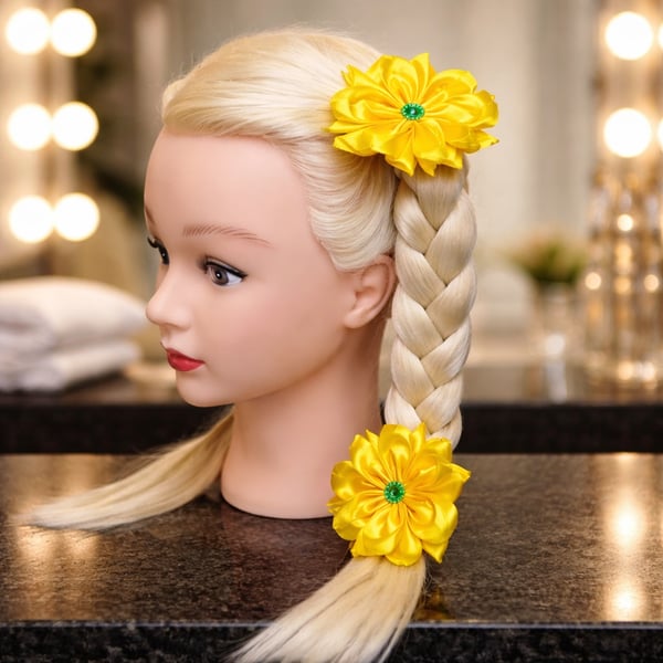 Pair of Bright Yellow Satin Ribbon Flower Hair Ties – Handmade "Sunflower"