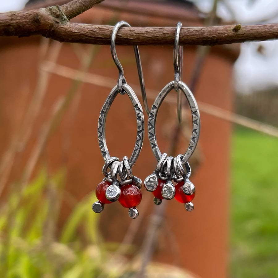 Oxidised sterling silver and orange carnelian small dangly earrings