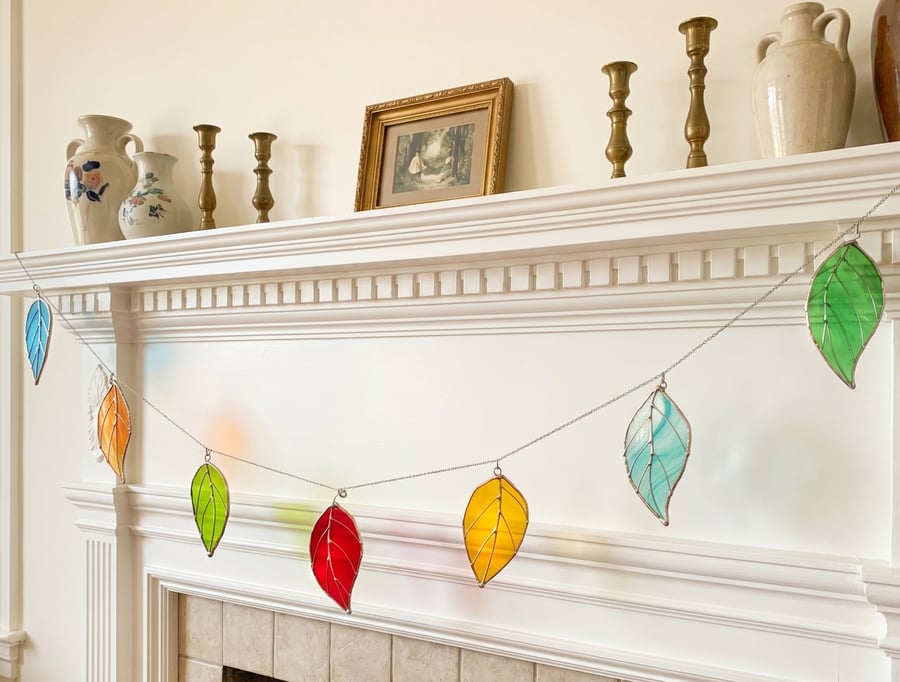 Stained Glass Bunting Garland Leaves   Garden Home Wall Ornament Suncatcher