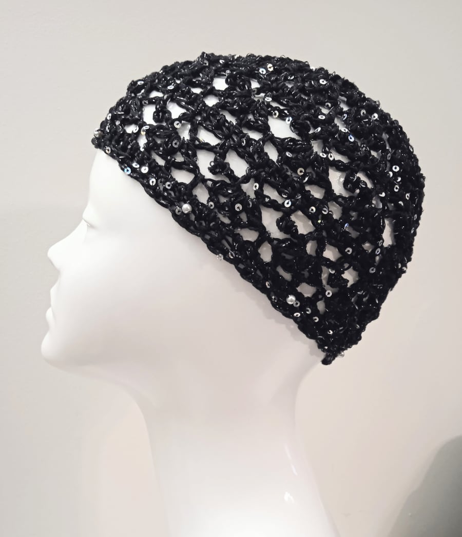 Crochet Black Skull Cap with Silver Sequins and Beads