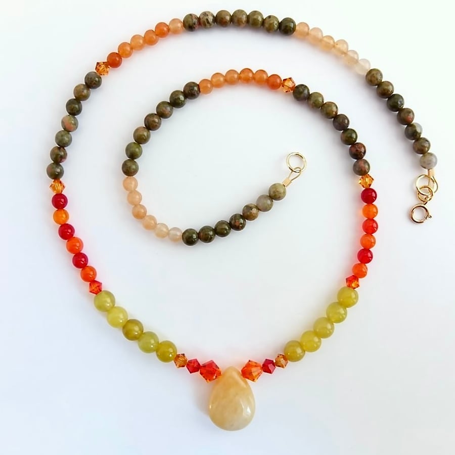"Autumn Colours" Necklace with Swarovski Crystal, Agate, Aventurine, and Unakite
