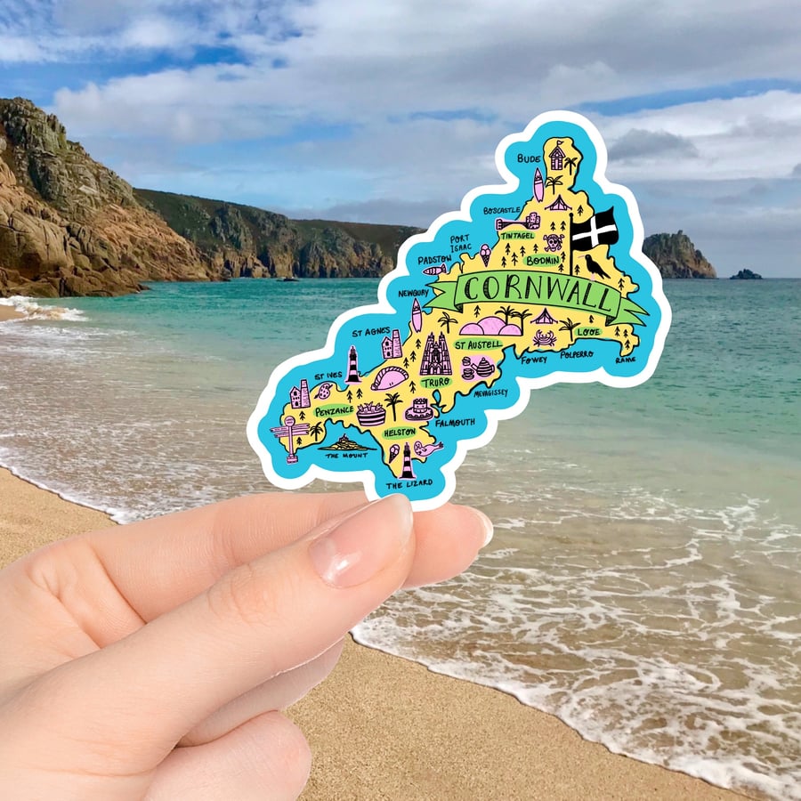 Cornwall Illustrated Map Sticker, Cornwall Stickers