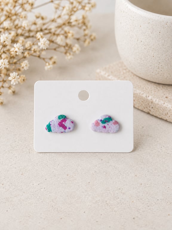 Lovely cloud shaped colourful lightweight polymer clay earrings 