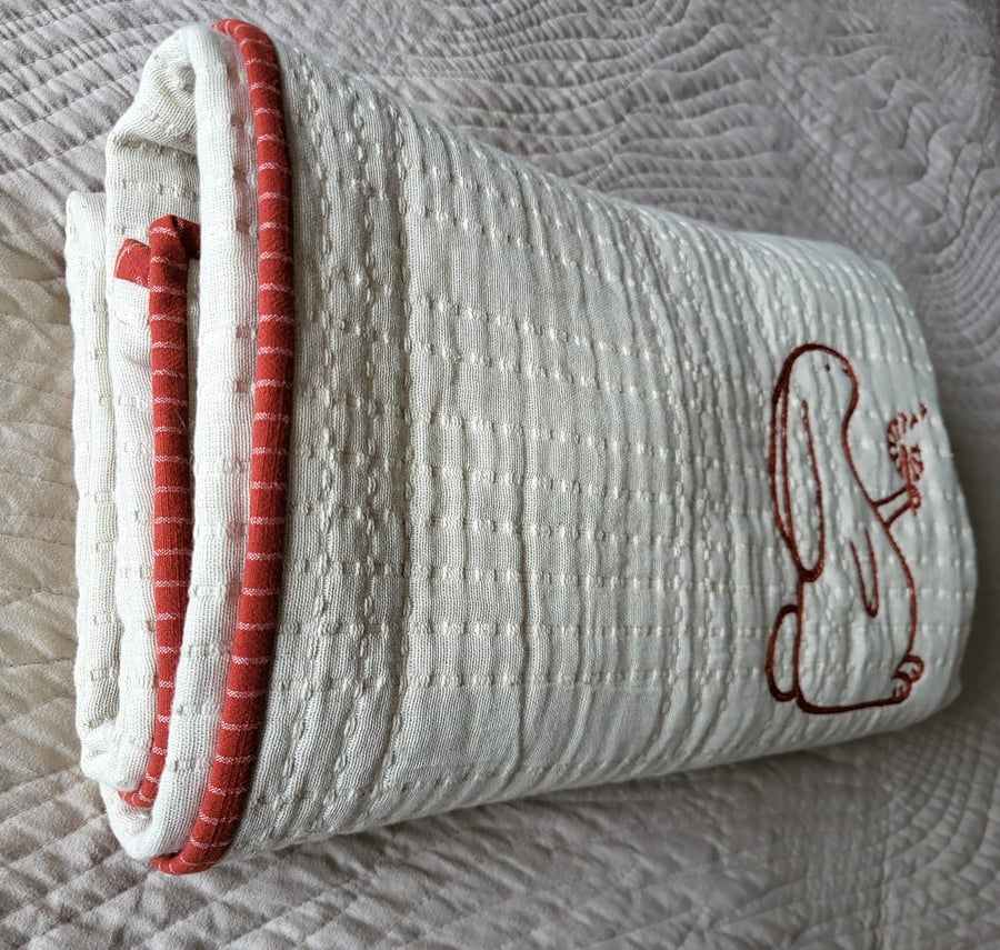 Embroidered Rabbit Ecru Cot Blanket Organic Cotton Heirloom
