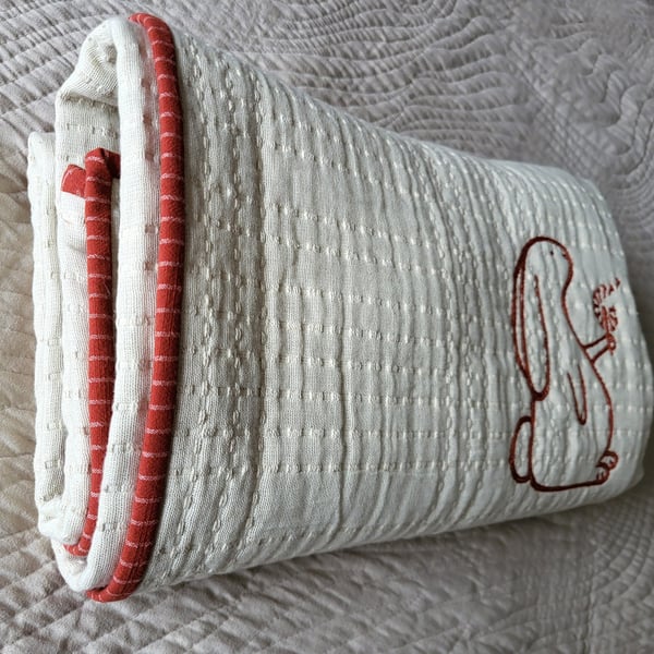 Embroidered Rabbit Ecru Cot Blanket Organic Cotton Heirloom