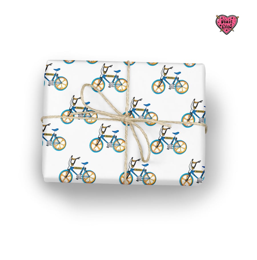 BMX Gift wrapping paper with yellow and blue bicycle illustration