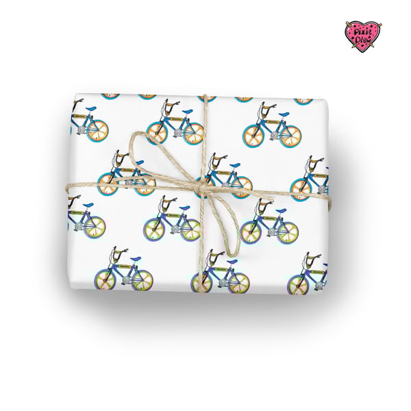 BMX Gift wrapping paper with yellow and blue bicycle illustration