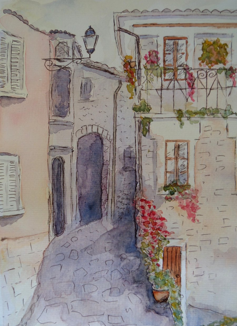 Tuscan village scene, pen and wash original watercolour painting