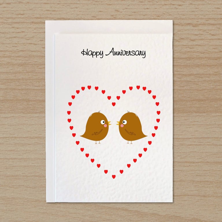Anniversary card with cute birds in heart, Wedding Anniversary, Card for couple,