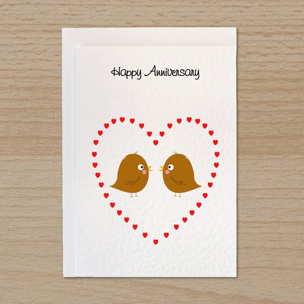 Anniversary card with cute birds in heart, Wedding Anniversary, Card for couple,