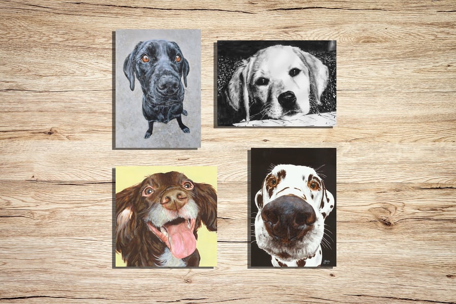 Dogs Greeting Cards Pack of 4 - Puppy Illustration Card Multipack -Dog Paintings