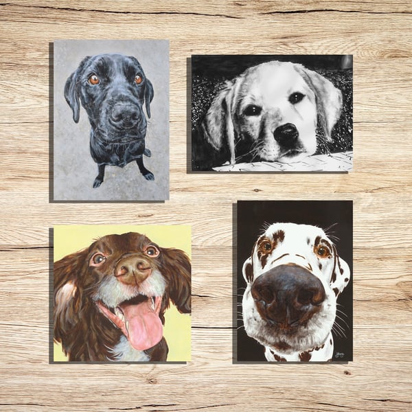 Dogs Greeting Cards Pack of 4 - Puppy Illustration Card Multipack -Dog Paintings