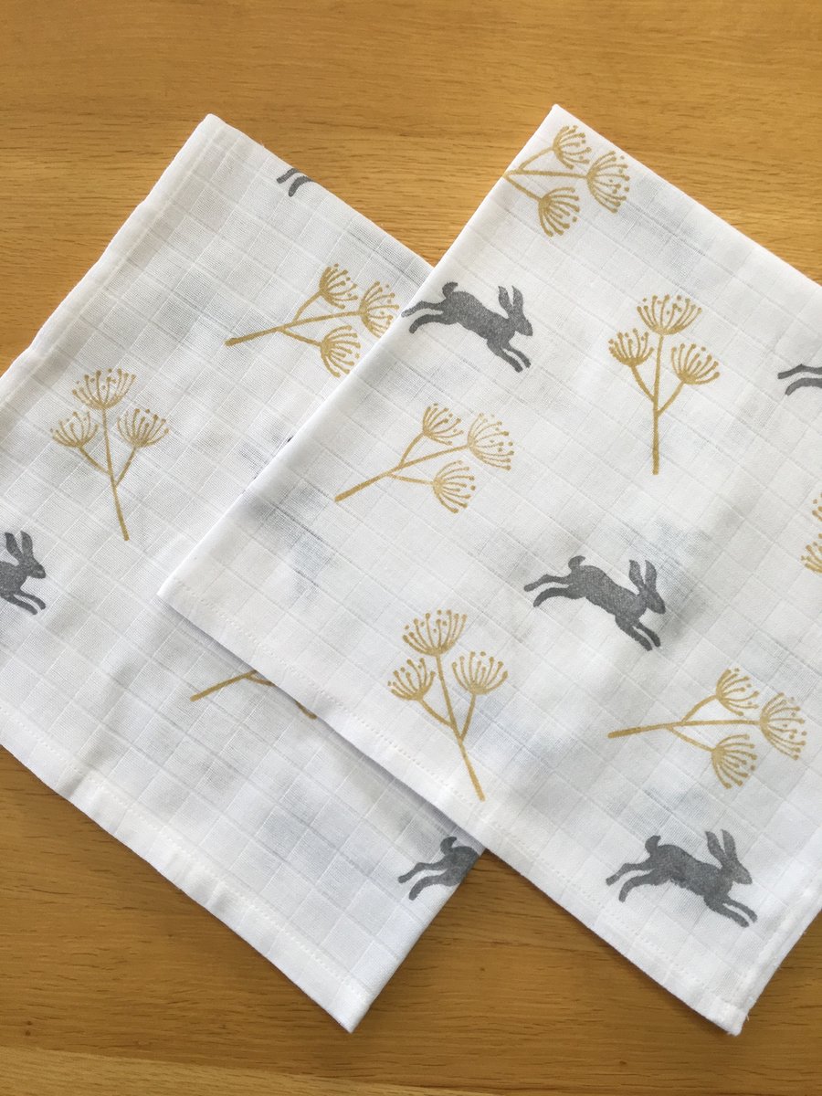 X2 Hand Block Printed Baby Muslin Squares - Hares & Seed Heads (Grey and Yellow)
