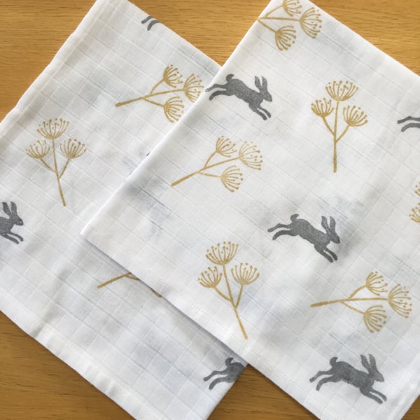 X2 Hand Block Printed Baby Muslin Squares - Hares & Seed Heads (Grey and Yellow)