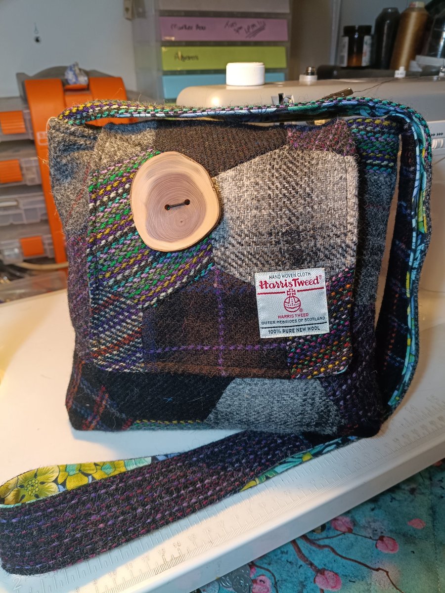 Harris tweed hexagonal patchwork bag with hand turned button 