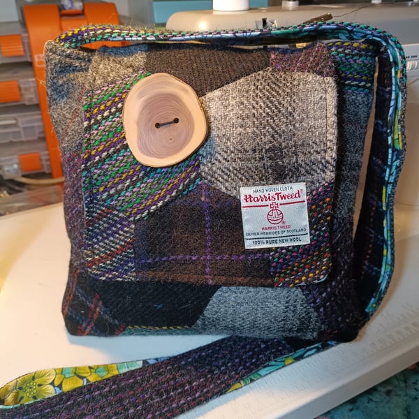 Harris tweed hexagonal patchwork bag with hand turned button 