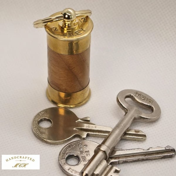 Handcrafted Reclaimed Oak & Eley 12Bore Cartridge Keyring Recycled Brass Detail