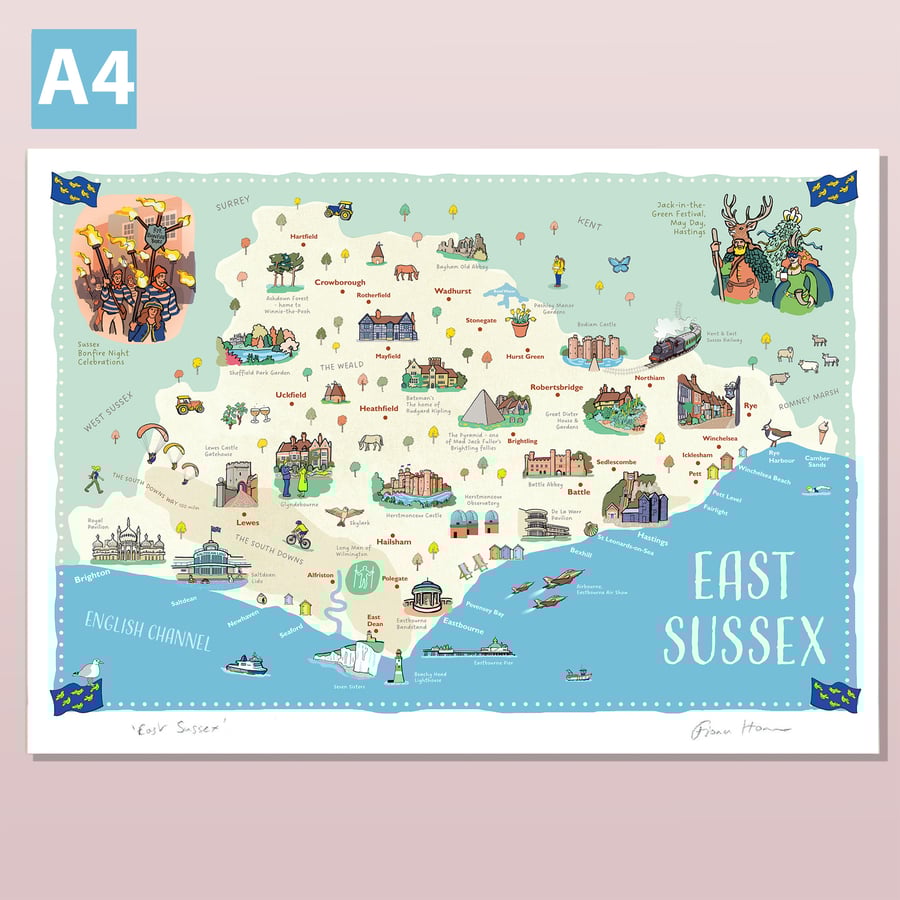 East Sussex map poster A4, illustrated by Fiona Horan